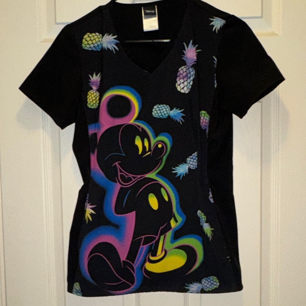 Black Graphic Scrub Top with Colorful Character Design